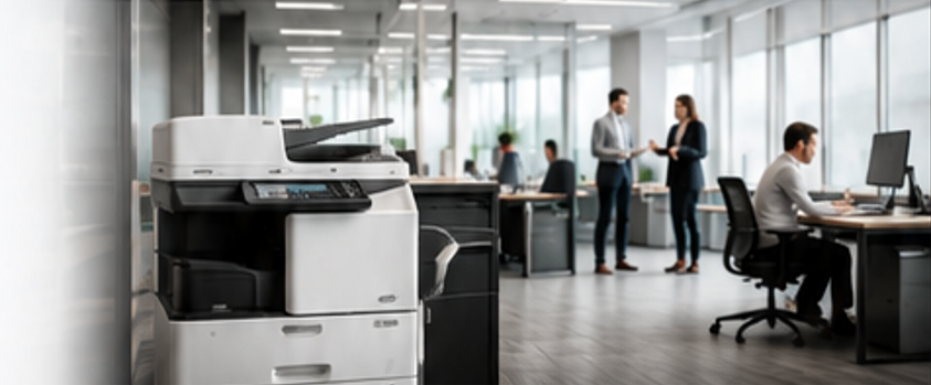 People in an office with copier in the foreground