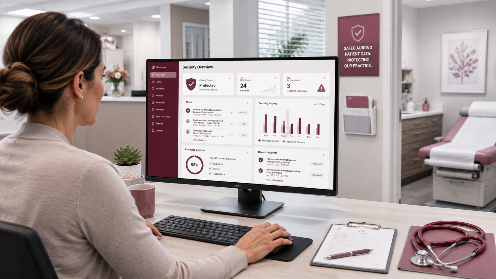 Healthcare employee reviewing cybersecurity alerts to reduce ransomware risk at a medical practice
