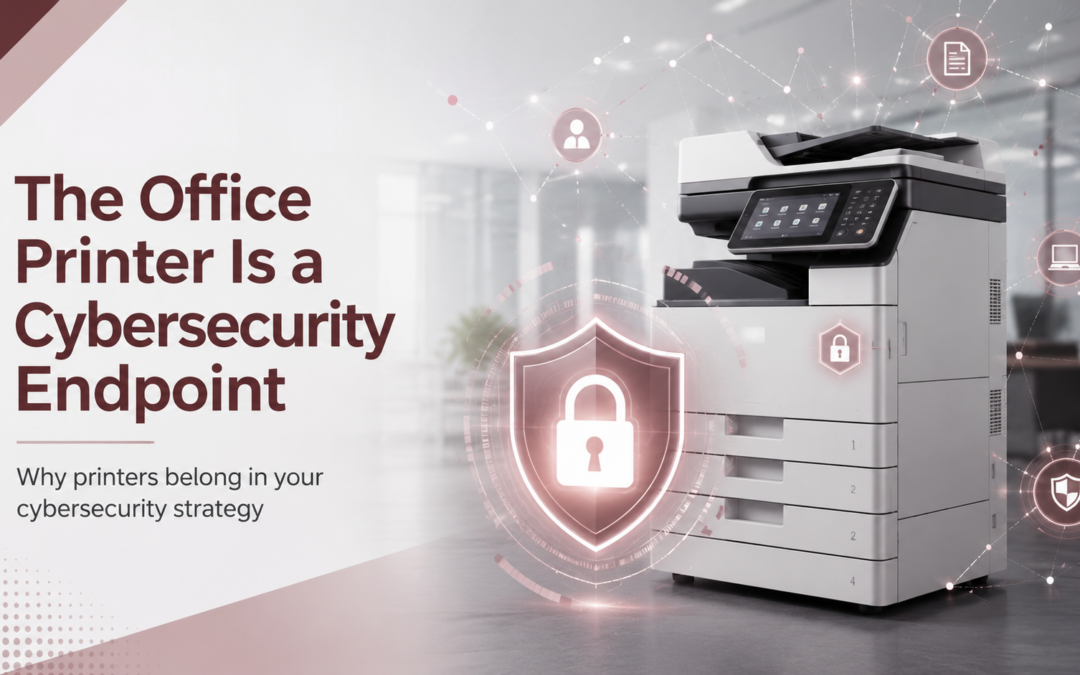 Office printer cybersecurity endpoint connected to a protected business network