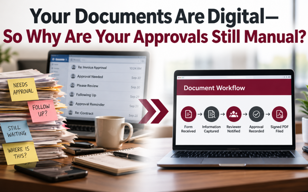 Document workflow automation showing forms routed through review, approval, electronic signature and filing