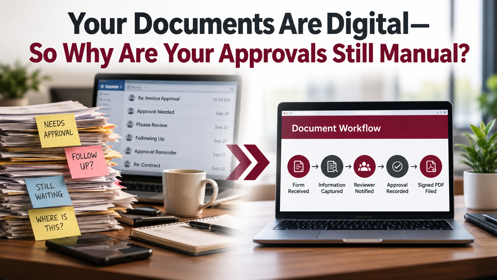 Document workflow automation showing forms routed through review, approval, electronic signature and filing