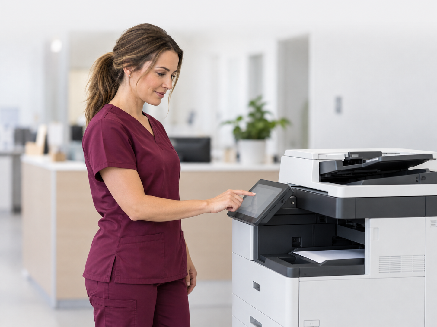 Healthcare employee using a multifunction copier touchscreen in a medical office.