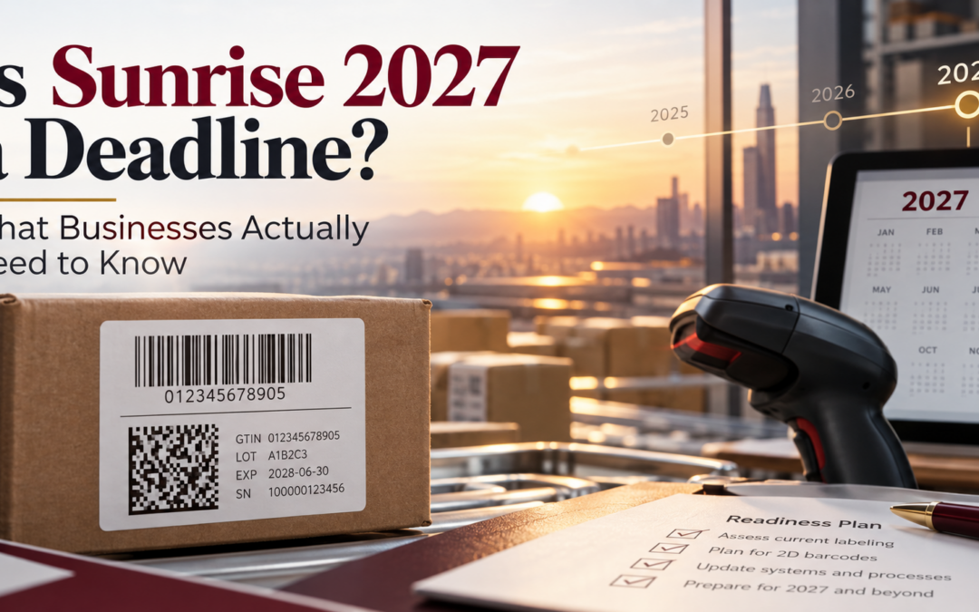Sunrise 2027 barcode readiness showing traditional UPC and 2D barcode printing technology