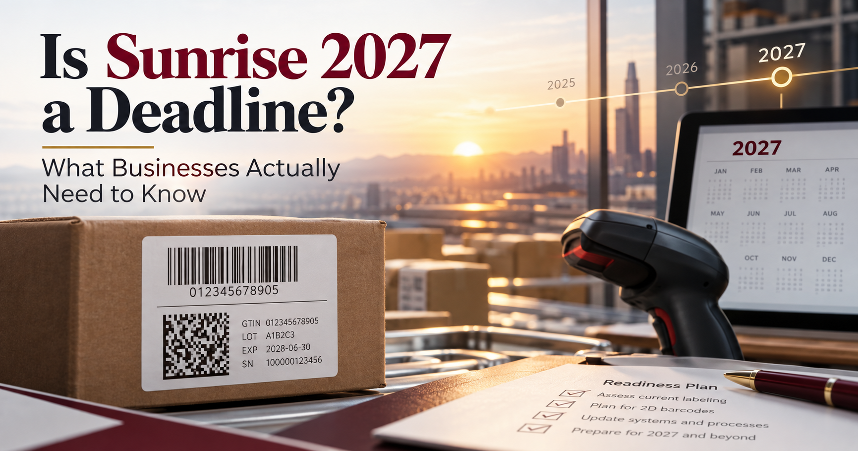 Sunrise 2027 barcode readiness showing traditional UPC and 2D barcode printing technology
